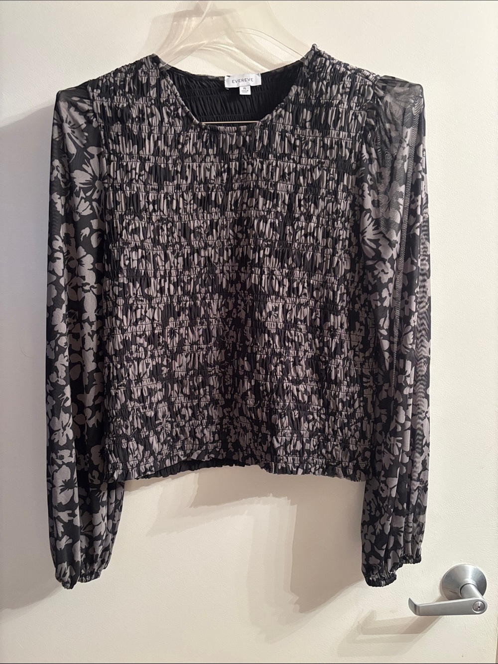 Evereve Black & Gray Floral Smocked Long Sleeve Blouse